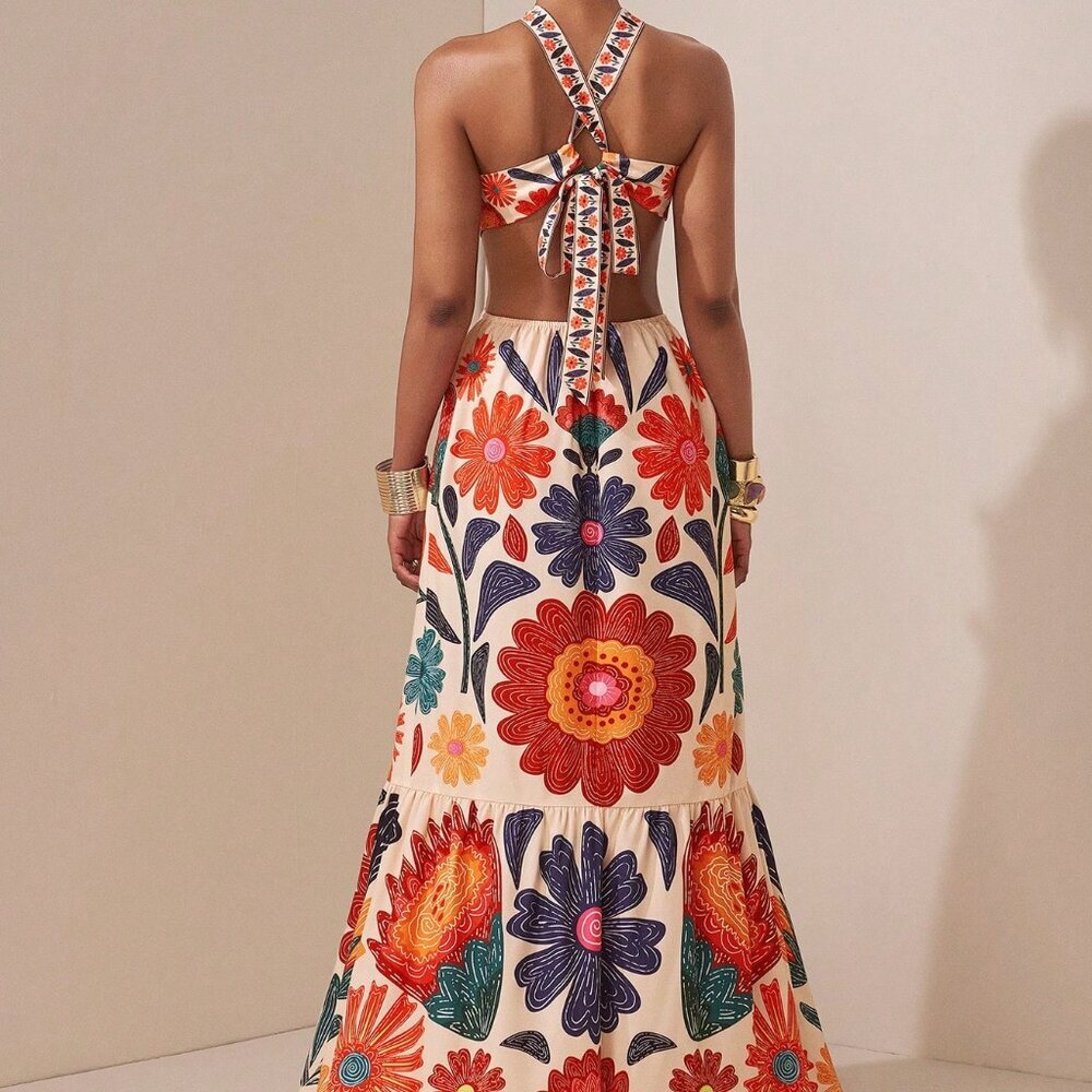 Multicolor Boho Women's Wave Sun Dress - Picture 2 of 7
